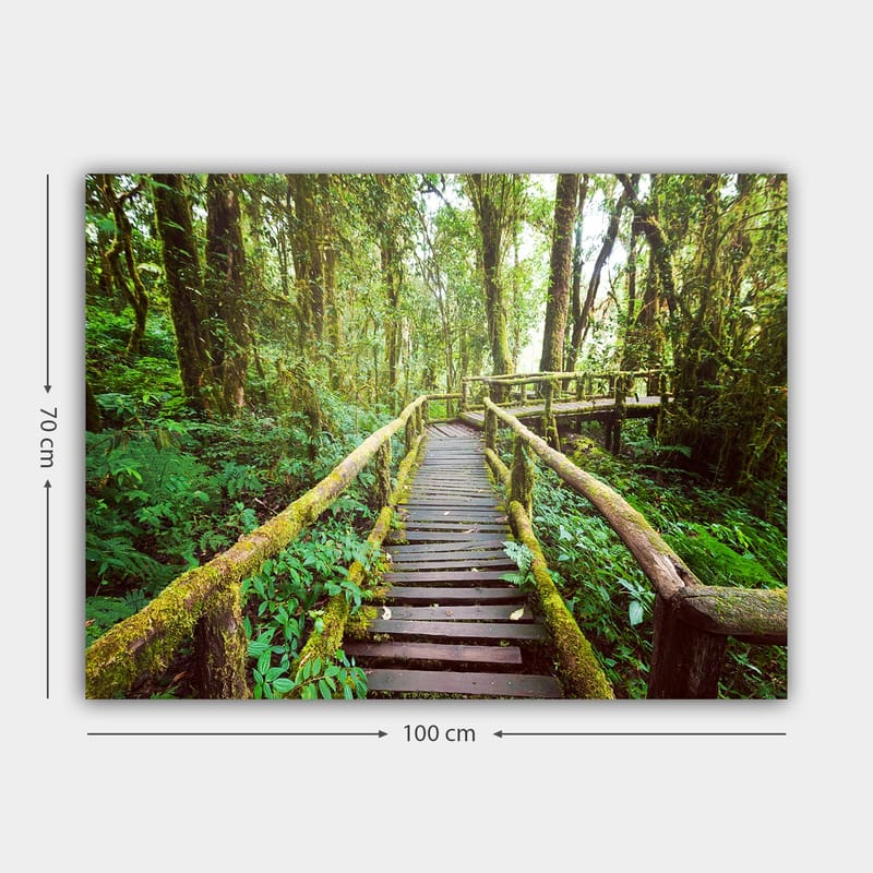 Canvastavla 70x100 cm - Vacker träbro som slingrar sig genom en grönskande regnskog - Grön / Brun / Gulgrön - Inredning & dekor - Tavlor & konst - Canvastavla