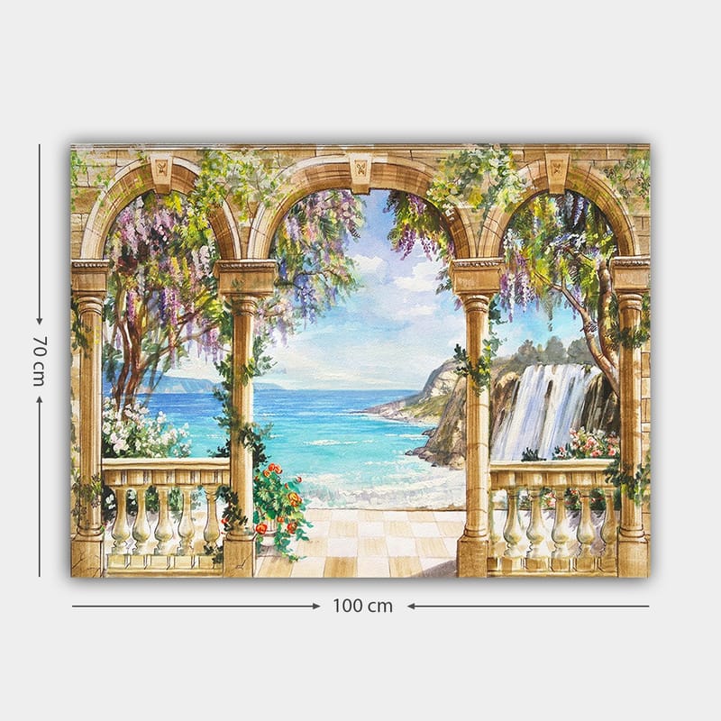 Canvastavla 70x100 cm - Vacker utsikt genom en arkad med hav, vattenfall och frodig vegetation - Blå / Grön / Beige - Inredning & dekor - Tavlor & konst - Canvastavla