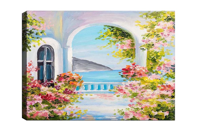 Canvastavla 70x100 cm - Vacker utsikt genom en båge med blommor i förgrunden och havet i bakgrunden - Rosa / Blå / Grön - Inredning & dekor - Tavlor & konst - Canvastavla