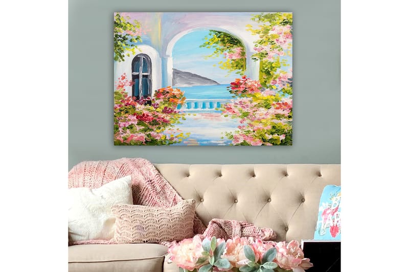 Canvastavla 70x100 cm - Vacker utsikt genom en båge med blommor i förgrunden och havet i bakgrunden - Rosa / Blå / Grön - Inredning & dekor - Tavlor & konst - Canvastavla