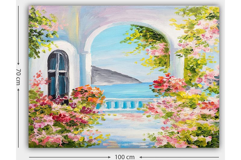 Canvastavla 70x100 cm - Vacker utsikt genom en båge med blommor i förgrunden och havet i bakgrunden - Rosa / Blå / Grön - Inredning & dekor - Tavlor & konst - Canvastavla