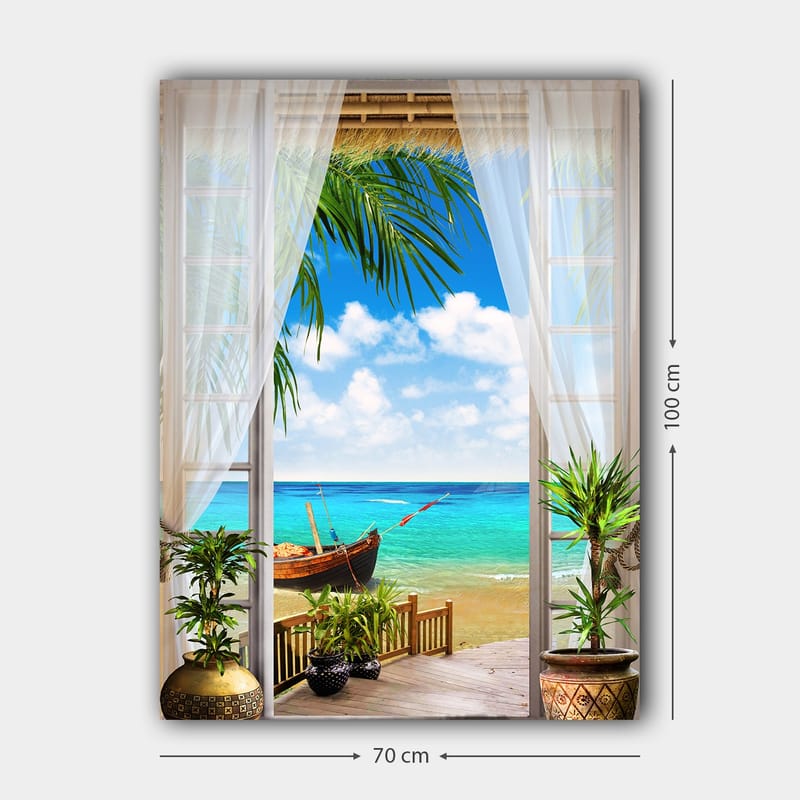 Canvastavla 70x100 cm - Vacker utsikt genom ett fönster med en strand, hav och en båt - Turkos / Blå / Grön - Inredning & dekor - Tavlor & konst - Canvastavla