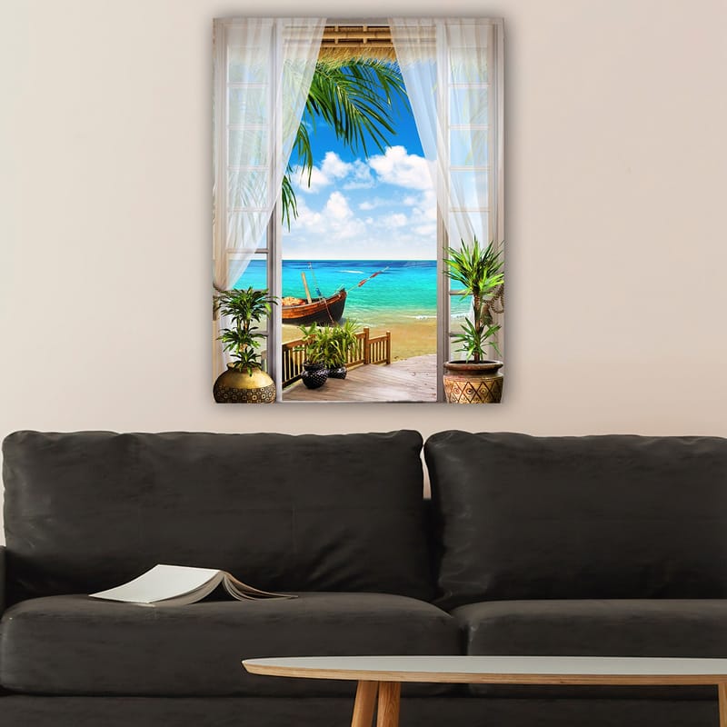 Canvastavla 70x100 cm - Vacker utsikt genom ett fönster med en strand, hav och en båt - Turkos / Blå / Grön - Inredning & dekor - Tavlor & konst - Canvastavla
