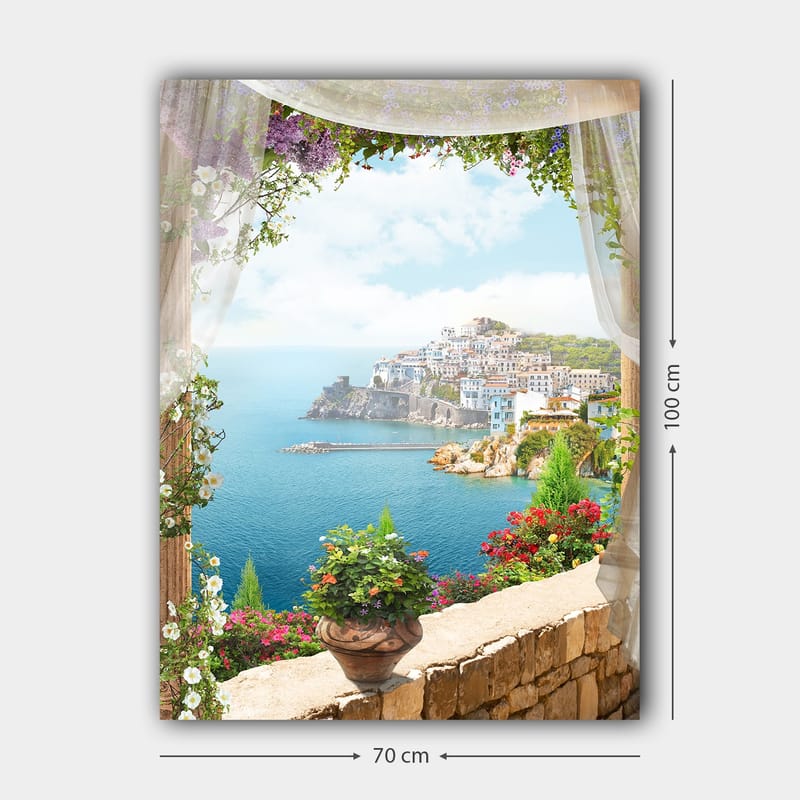Canvastavla 70x100 cm - Vacker utsikt över en kuststad med färgglada hus och blomstrande växter, sedd genom en öppen fönsteröppning - Blå / Grön / Vit - Inredning & dekor - Tavlor & konst - Canvastavla