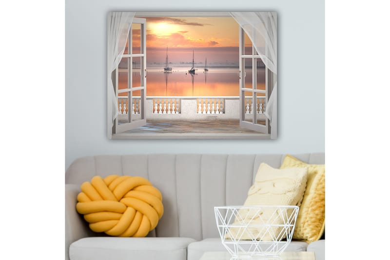 Canvastavla 70x100 cm - Vacker utsikt över en stilla sjö med segelbåtar vid solnedgången - Ljusorange / Rosa / Ljusblå - Inredning & dekor - Tavlor & konst - Canvastavla