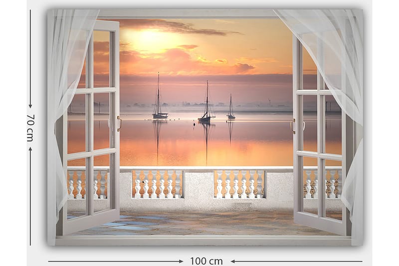 Canvastavla 70x100 cm - Vacker utsikt över en stilla sjö med segelbåtar vid solnedgången - Ljusorange / Rosa / Ljusblå - Inredning & dekor - Tavlor & konst - Canvastavla