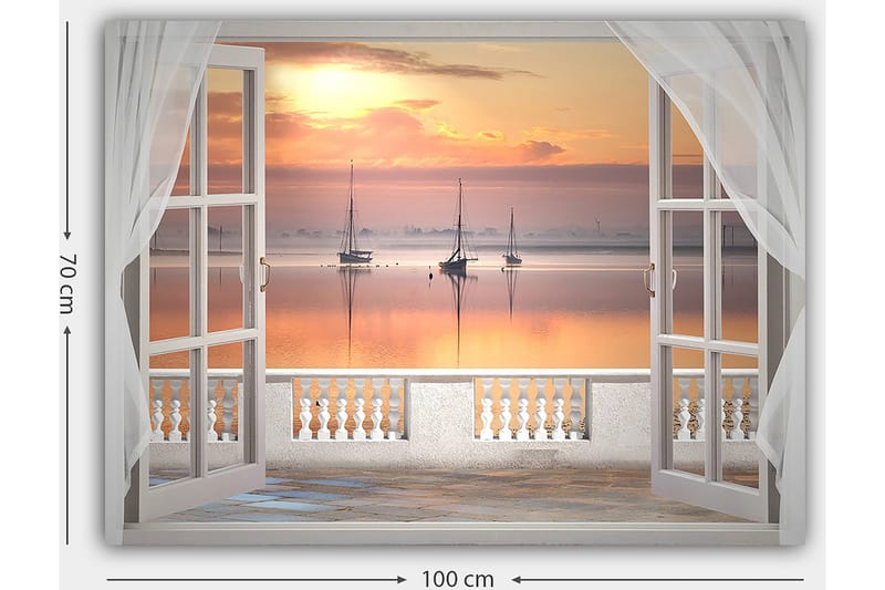 Canvastavla 70x100 cm - Vacker utsikt över en stilla sjö med segelbåtar vid solnedgången - Ljusorange / Rosa / Ljusblå - Inredning & dekor - Tavlor & konst - Canvastavla