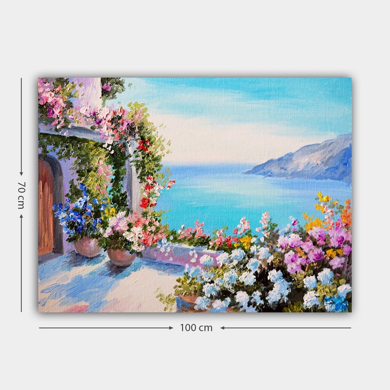 Canvastavla 70x100 cm - Vacker utsikt över havet med blomsterarrangemang i krukor som pryder en terrass - Blå / Grön / Rosa - Inredning & dekor - Tavlor & konst - Canvastavla