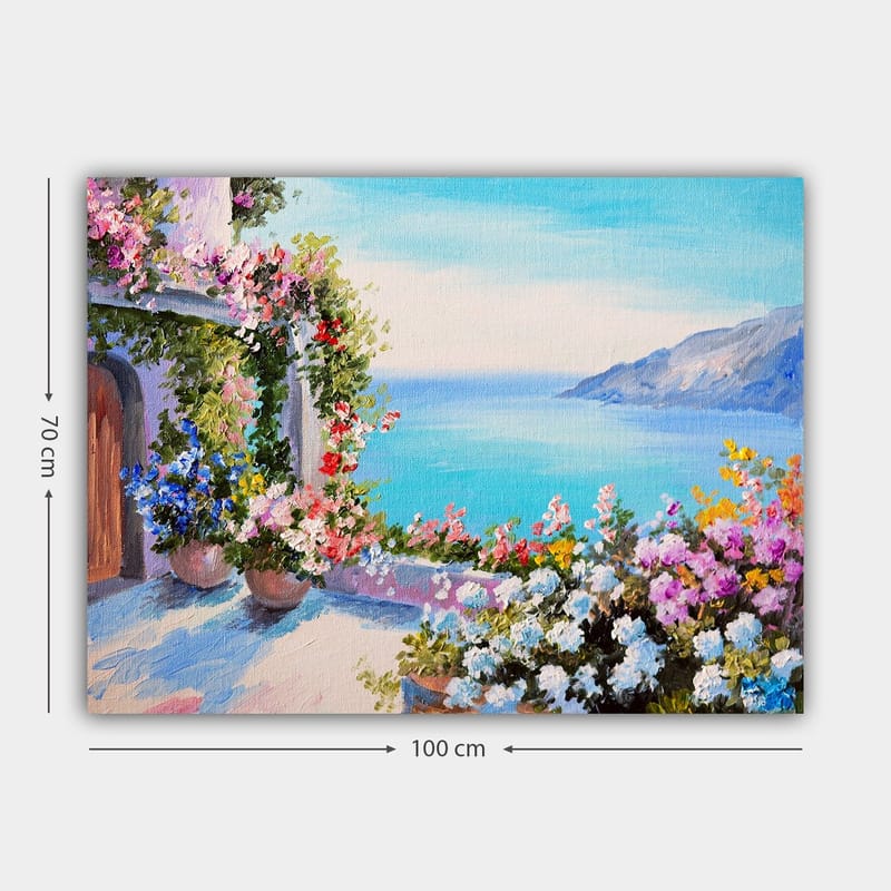 Canvastavla 70x100 cm - Vacker utsikt över havet med blomsterarrangemang i krukor som pryder en terrass - Blå / Grön / Rosa - Inredning & dekor - Tavlor & konst - Canvastavla