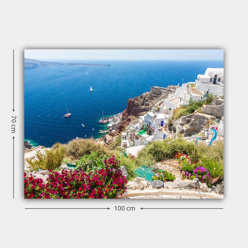 Canvastavla 70x100 cm - Vacker utsikt över Santorini med vita hus och blommor som pryder klipporna vid havet - Blå / Vit / Grön - Inredning & dekor - Tavlor & konst - Canvastavla
