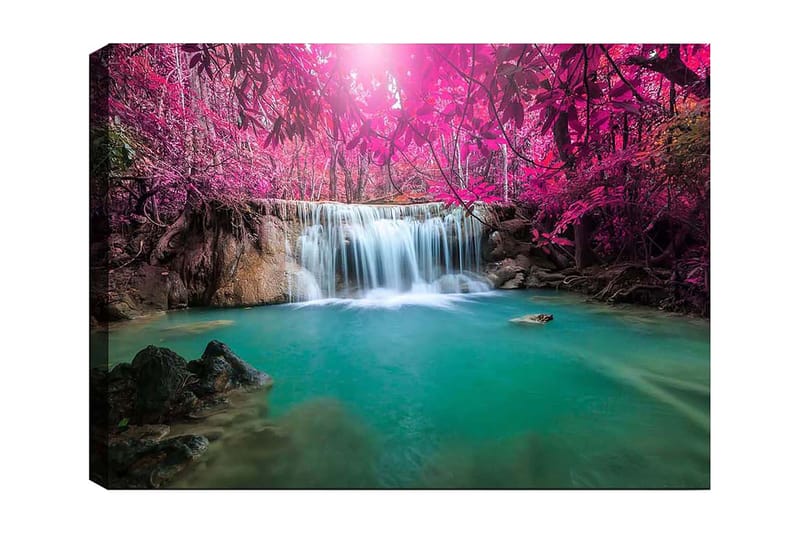 Canvastavla 70x100 cm - Vacker vattenfall omgiven av lila träd och grönskande vegetation - Lila / Turkos - Inredning & dekor - Tavlor & konst - Canvastavla