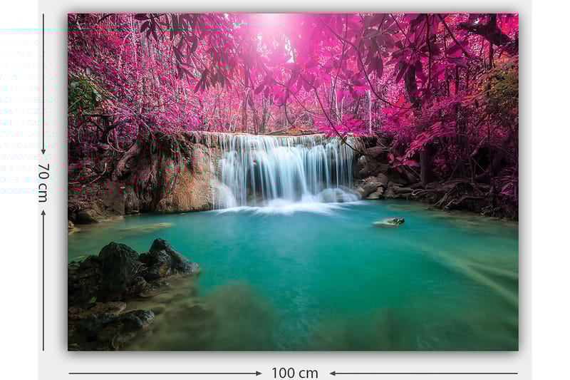 Canvastavla 70x100 cm - Vacker vattenfall omgiven av lila träd och grönskande vegetation - Lila / Turkos - Inredning & dekor - Tavlor & konst - Canvastavla