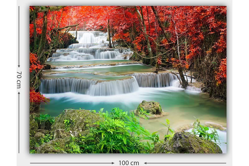 Canvastavla 70x100 cm - Vacker vattenfallsscen omgiven av färgglada höstlöv - Röd / Grön / Blå - Inredning & dekor - Tavlor & konst - Canvastavla