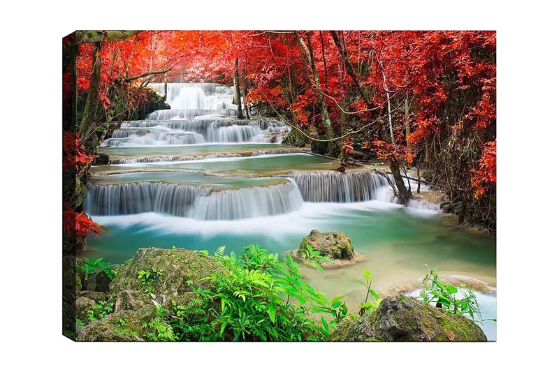 Canvastavla 70x100 cm - Vacker vattenfallsscen omgiven av färgglada höstlöv, Röd / Grön / Blå