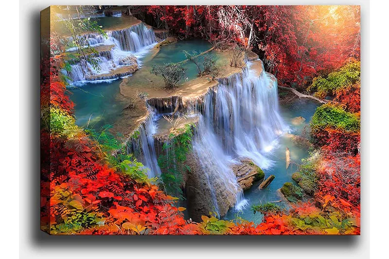 Canvastavla 70x100 cm - Vacker vattenfallsscen omgiven av färgglada höstlöv - Röd / Grön / Blå - Inredning & dekor - Tavlor & konst - Canvastavla