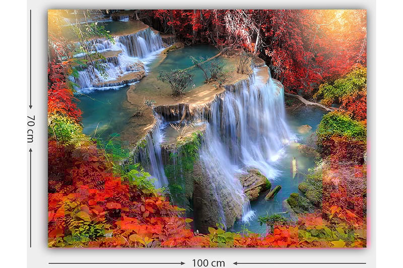 Canvastavla 70x100 cm - Vacker vattenfallsscen omgiven av färgglada höstlöv - Röd / Grön / Blå - Inredning & dekor - Tavlor & konst - Canvastavla