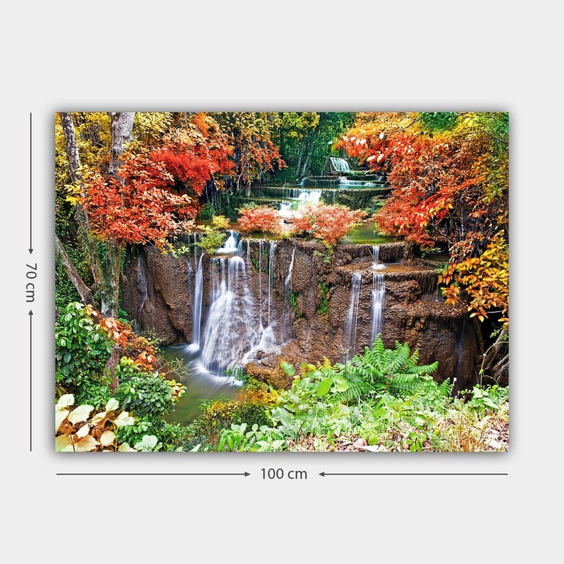Canvastavla 70x100 cm - Vacker vattenfallsscen omgiven av färgglada höstlöv - Röd / Grön / Brun - Inredning & dekor - Tavlor & konst - Canvastavla