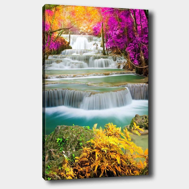 Canvastavla 70x100 cm - Vacker vattenfallsscen omgiven av färgglada träd och växter - Lila / Grön / Orange - Inredning & dekor - Tavlor & konst - Canvastavla