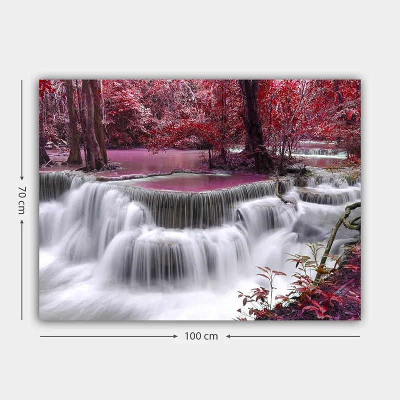 Canvastavla 70x100 cm - Vacker vattenfallsscen omgiven av färgglada träd och växtlighet - Röd / Lila / Vit - Inredning & dekor - Tavlor & konst - Canvastavla