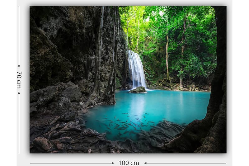 Canvastavla 70x100 cm - Vacker vattenfallsscen omgiven av frodig grönska och klart turkost vatten - Turkos / Grön / Grå - Inredning & dekor - Tavlor & konst - Canvastavla