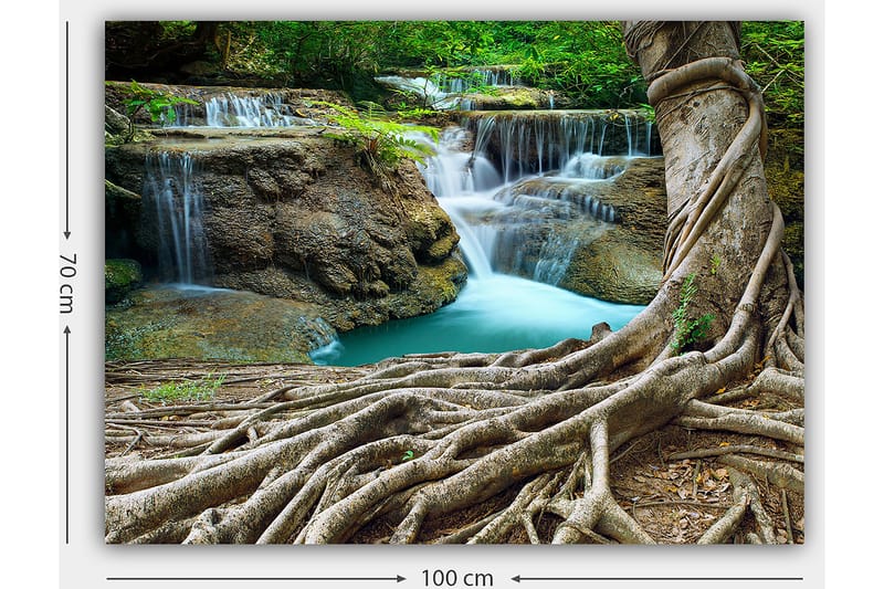 Canvastavla 70x100 cm - Vacker vattenfallsscen omgiven av frodig grönska och kraftiga trädstammar - Grön / Blå / Brun - Inredning & dekor - Tavlor & konst - Canvastavla