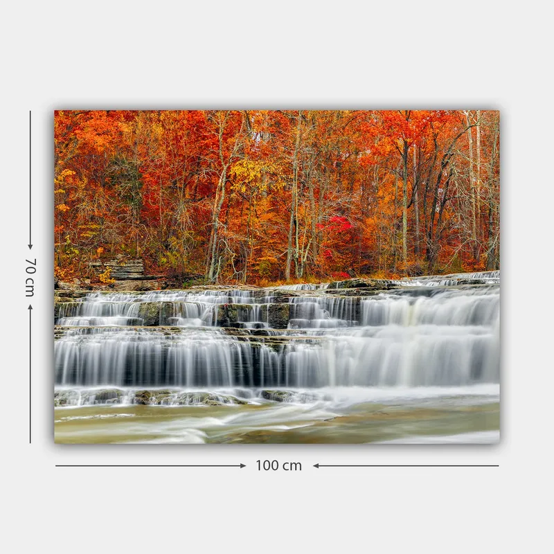 Canvastavla 70x100 cm - Vacker vattenfallsscen omgiven av höstfärger i röd och orange nyans - Röd / Orange / Grå - Inredning & dekor - Tavlor & konst - Canvastavla