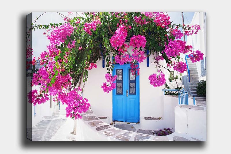 Canvastavla 70x100 cm - Vacker vit byggnad med en blå dörr omgiven av lila blommor, Lila / Blå / Grön