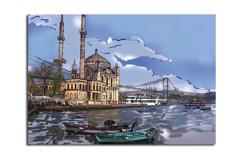 Canvastavla 70x100 cm - Vacker vy av en historisk byggnad vid vattnet med båtar i förgrunden och en bro i bakgrunden, Blå / Beige / Grön