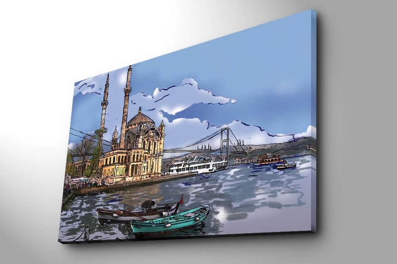 Canvastavla 70x100 cm - Vacker vy av en historisk byggnad vid vattnet med båtar i förgrunden och en bro i bakgrunden - Blå / Beige / Grön - Inredning & dekor - Tavlor & konst - Canvastavla