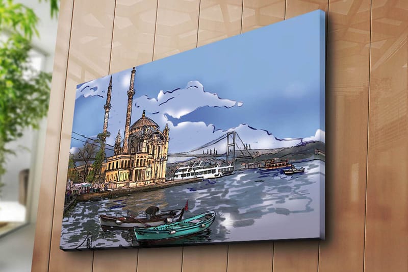 Canvastavla 70x100 cm - Vacker vy av en historisk byggnad vid vattnet med båtar i förgrunden och en bro i bakgrunden - Blå / Beige / Grön - Inredning & dekor - Tavlor & konst - Canvastavla