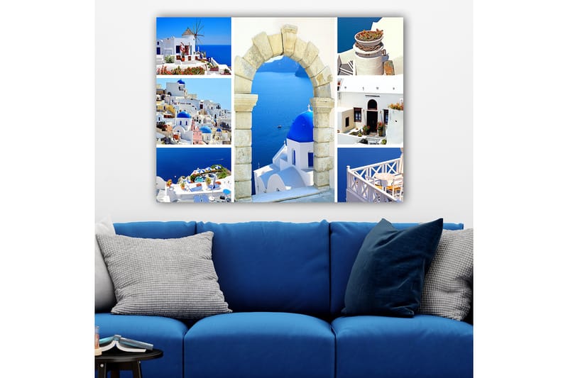 Canvastavla 70x100 cm - Vacker vy av Santorini med vita hus och blå kupoler mot havet - Blå / Vit / Beige - Inredning & dekor - Tavlor & konst - Canvastavla