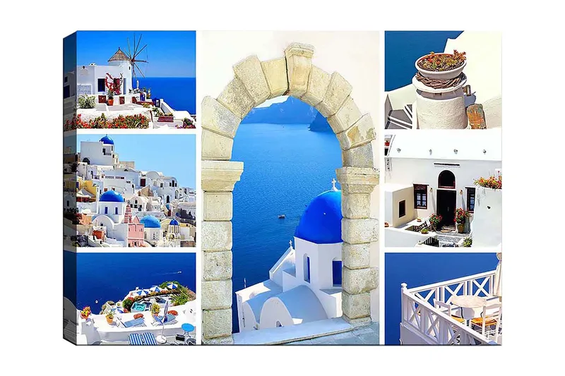 Canvastavla 70x100 cm - Vacker vy av Santorini med vita hus och blå kupoler mot havet, Blå / Vit / Beige
