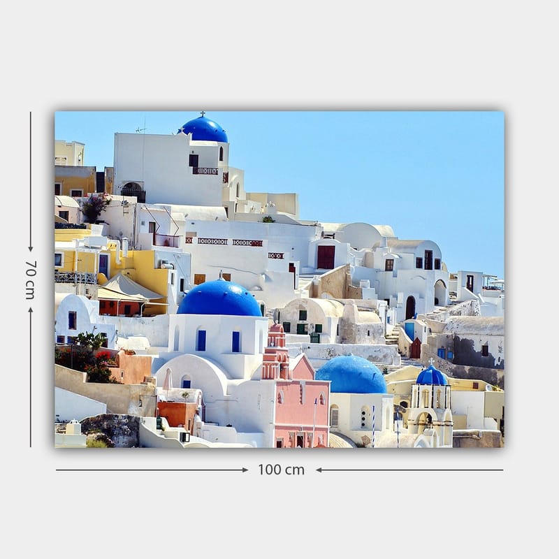 Canvastavla 70x100 cm - Vacker vy över de karakteristiska vita husen och blå kupolerna i Santorini - Blå / Vit / Rosa - Inredning & dekor - Tavlor & konst - Canvastavla