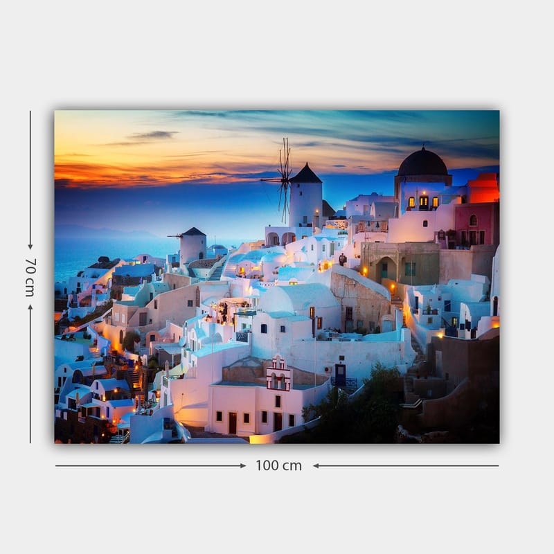 Canvastavla 70x100 cm - Vacker vy över de vita husen i en grekisk by vid solnedgången - Vit / Blå / Orange - Inredning & dekor - Tavlor & konst - Canvastavla