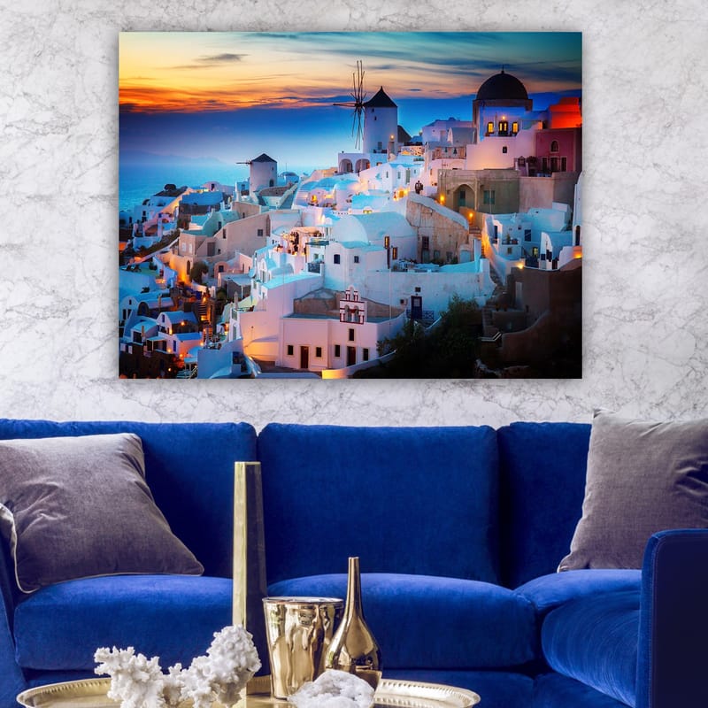 Canvastavla 70x100 cm - Vacker vy över de vita husen i en grekisk by vid solnedgången - Vit / Blå / Orange - Inredning & dekor - Tavlor & konst - Canvastavla