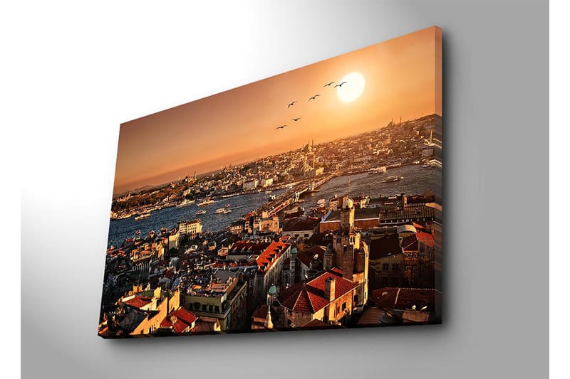 Canvastavla 70x100 cm - Vacker vy över Istanbul vid solnedgång, med takåsar och båtar på vattnet - Orange / Röd / Blå - Inredning & dekor - Tavlor & konst - Canvastavla