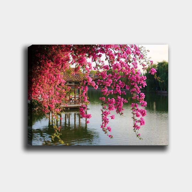 Canvastavla 70x100 cm - Vacker paviljong omgiven av blommande bougainvillea vid en stilla sjö - Rosa / Grön / Blå - Inredning & dekor - Tavlor & konst - Canvastavla