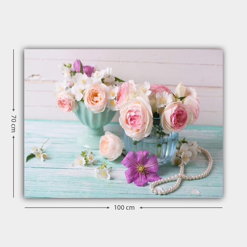Canvastavla 70x100 cm - Vackra blommor i pastellfärgade skålar med en romantisk känsla - Ljusrosa / Mintgrön / Lila - Inredning & dekor - Tavlor & konst - Canvastavla