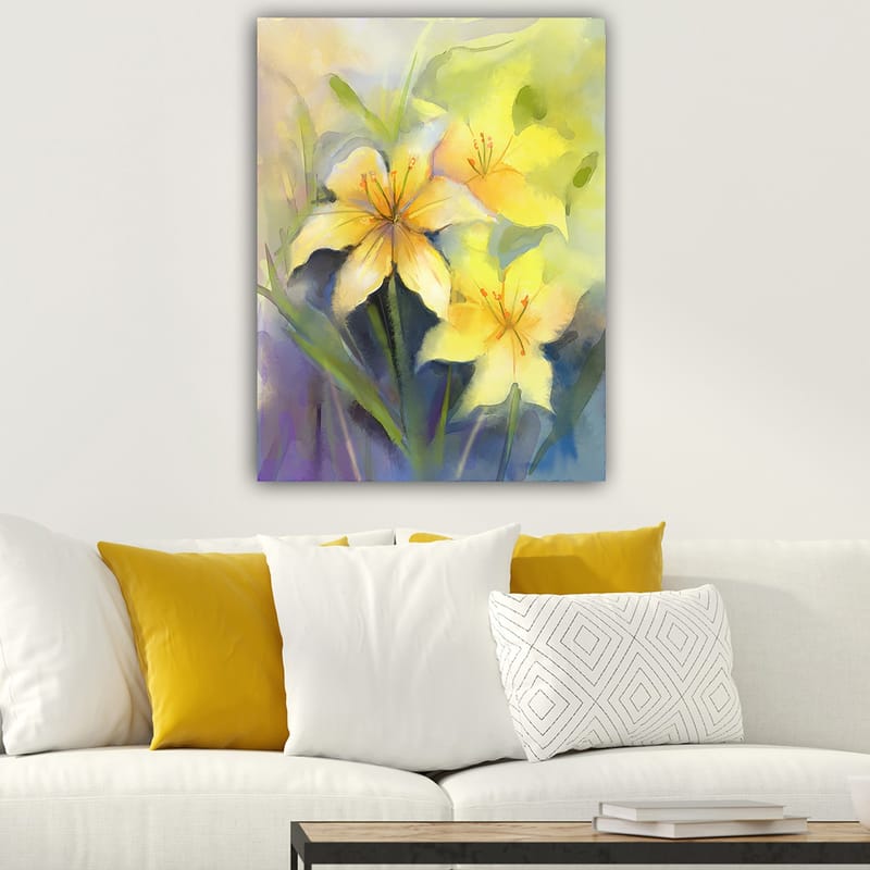 Canvastavla 70x100 cm - Vackra gula liljor i en mjuk och färgglad komposition - Gul / Grön / Lila - Inredning & dekor - Tavlor & konst - Canvastavla