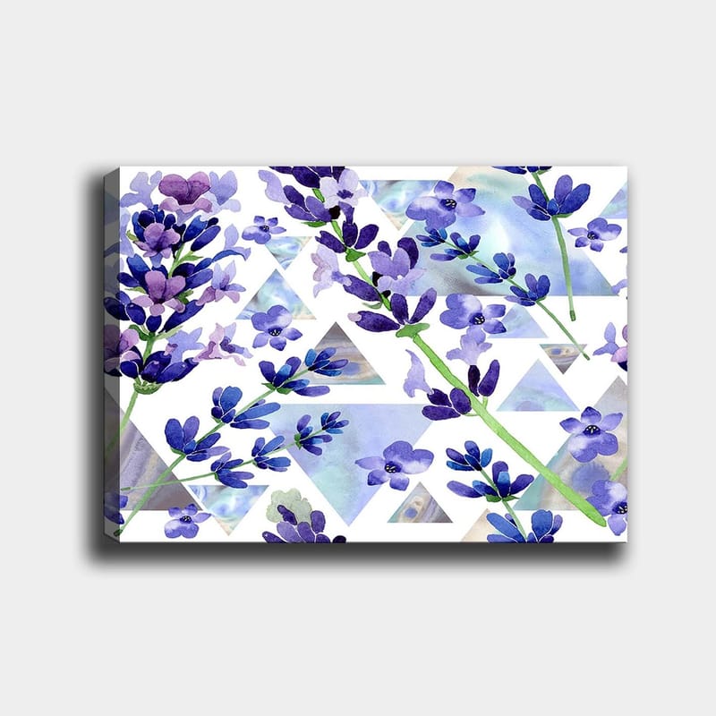 Canvastavla 70x100 cm - Vackra lavendelblommor i en modern geometrisk komposition - Lila / Grön / Blå - Inredning & dekor - Tavlor & konst - Canvastavla