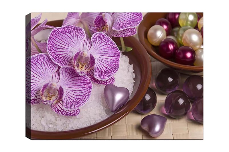 Canvastavla 70x100 cm - Vackra orkidéer i en skål med dekorationselement, Lila / Vit / Rosa