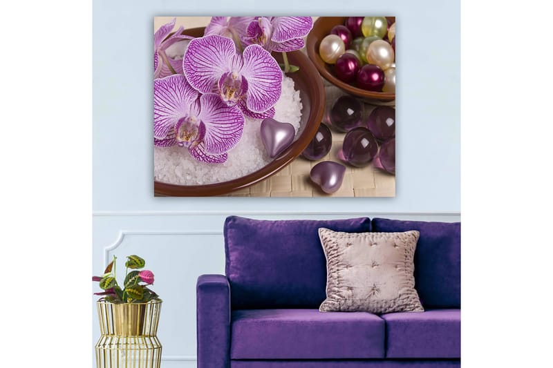 Canvastavla 70x100 cm - Vackra orkidéer i en skål med dekorationselement - Lila / Vit / Rosa - Inredning & dekor - Tavlor & konst - Canvastavla