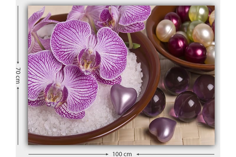 Canvastavla 70x100 cm - Vackra orkidéer i en skål med dekorationselement - Lila / Vit / Rosa - Inredning & dekor - Tavlor & konst - Canvastavla