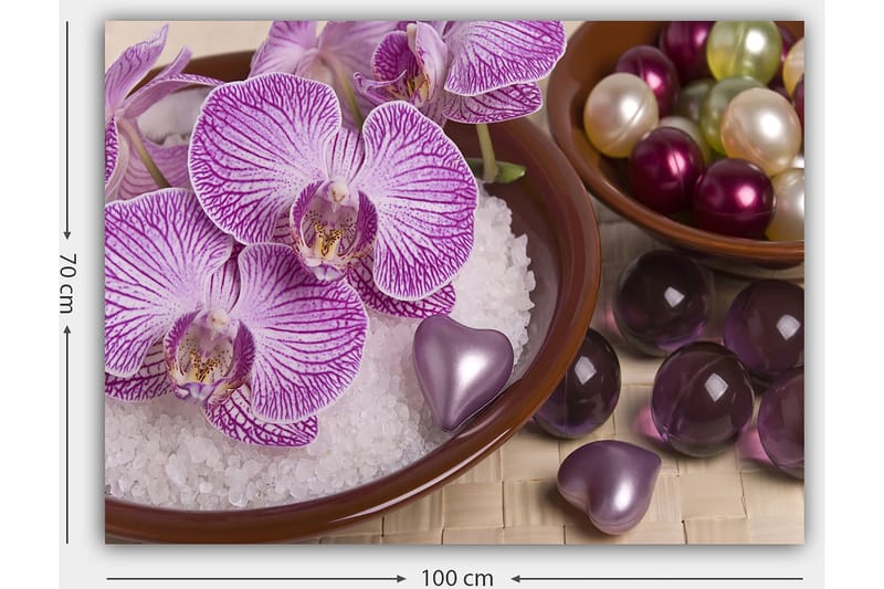 Canvastavla 70x100 cm - Vackra orkidéer i en skål med dekorationselement - Lila / Vit / Rosa - Inredning & dekor - Tavlor & konst - Canvastavla