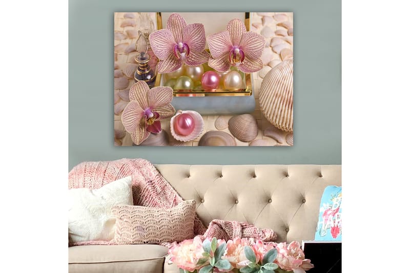 Canvastavla 70x100 cm - Vackra orkidéer och pärlor i en elegant ask - Ljusrosa / Grön / Pärlemorvit - Inredning & dekor - Tavlor & konst - Canvastavla