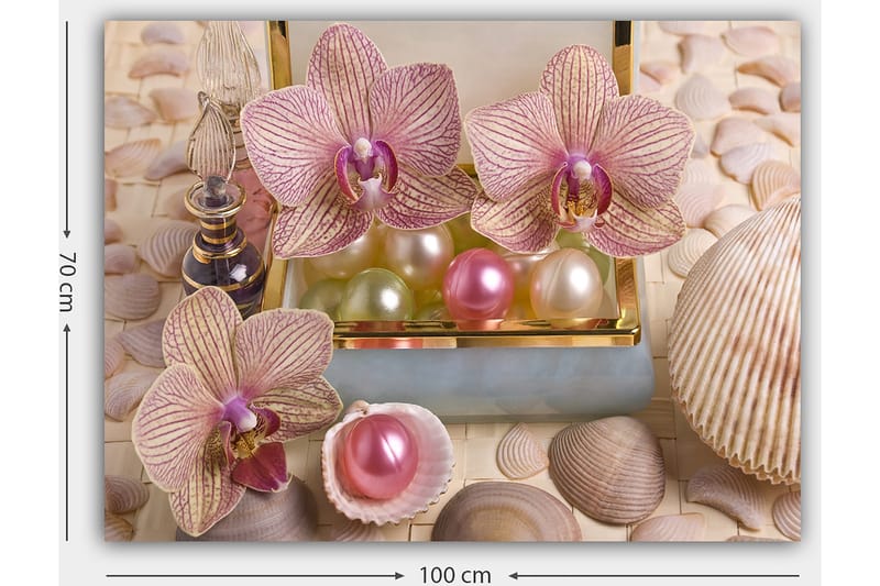 Canvastavla 70x100 cm - Vackra orkidéer och pärlor i en elegant ask - Ljusrosa / Grön / Pärlemorvit - Inredning & dekor - Tavlor & konst - Canvastavla