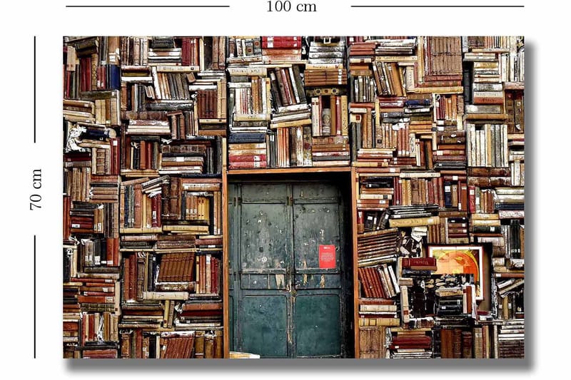 Canvastavla 70x100 cm - Vägg täckt av böcker med en dörr i mitten - Brun / Grön / Röd - Inredning & dekor - Tavlor & konst - Canvastavla