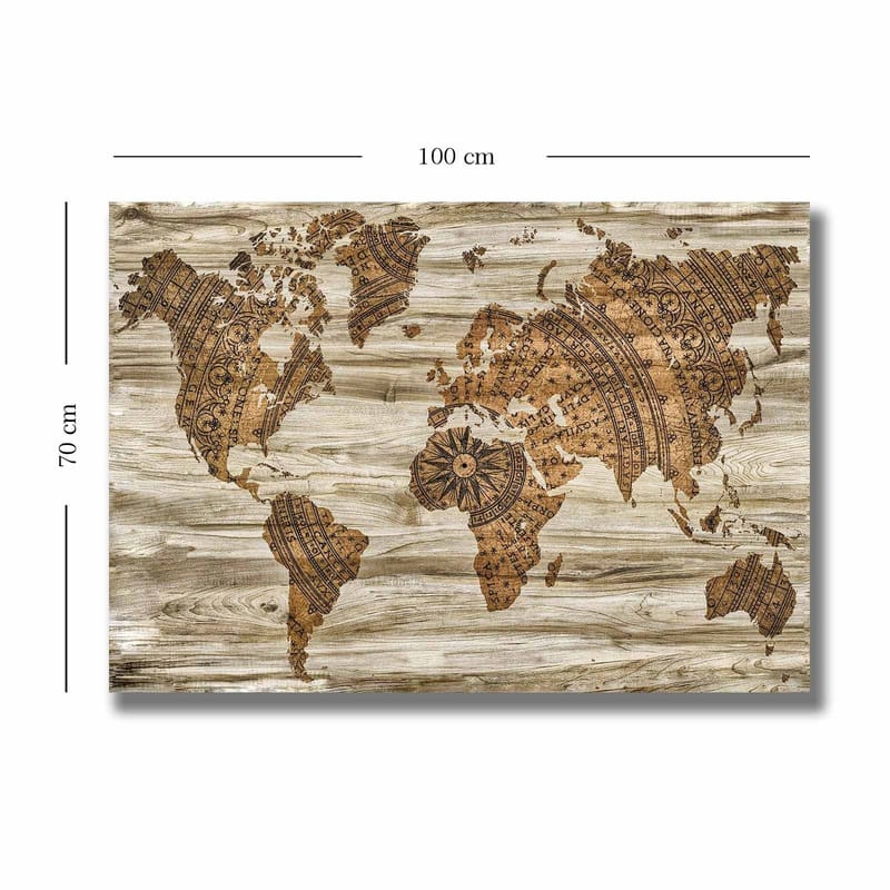 Canvastavla 70x100 cm - Världskarta i en dekorativ och stiliserad design med detaljerade mönster - Brun / Beige - Inredning & dekor - Tavlor & konst - Canvastavla