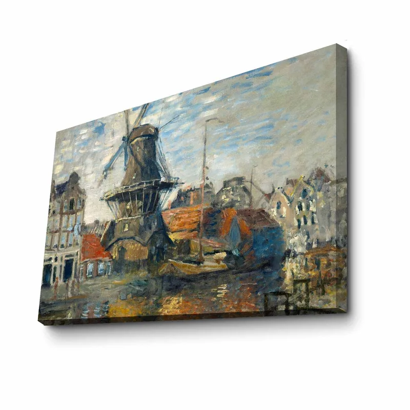 Canvastavla 70x100 cm - Vindmolle vid en vattenspegel omgiven av pittoreska byggnader - Blå / Grön / Orange - Inredning & dekor - Tavlor & konst - Canvastavla