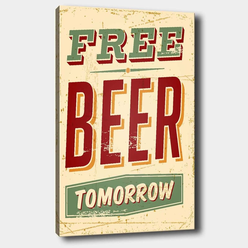 Canvastavla 70x100 cm - Vintage affisch med texten FREE BEER TOMORROW i en lekfull och rustik stil, Röd / Grön / Beige